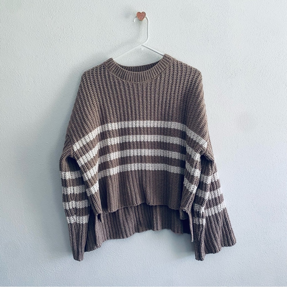 Pink Republic Taupe Striped Knit Crew Neck Sweater
